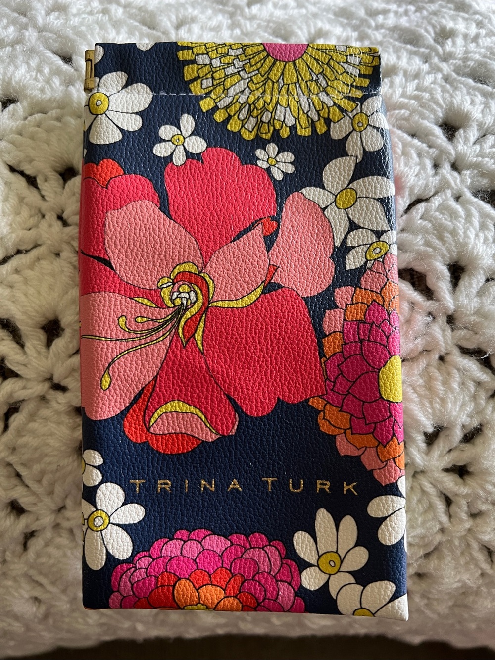 Trina Turk Navy Floral Eyewear Sleeve with Pink & Yellow Blooms